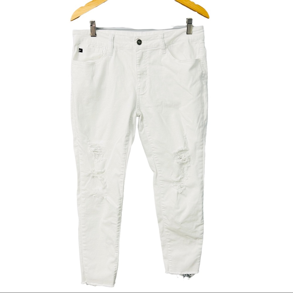 Kancan Women’s 30 Mid Rise Ankle Skinny White Jeans Distressed